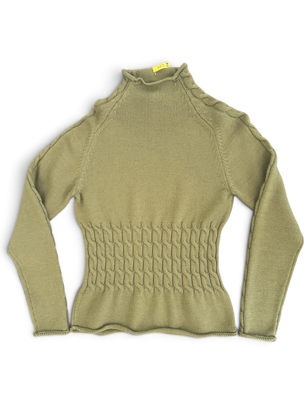 Vtg JAEGER Olive Green Smocked Corset Waist Mock Neck Kit Sweater Wool Sz S